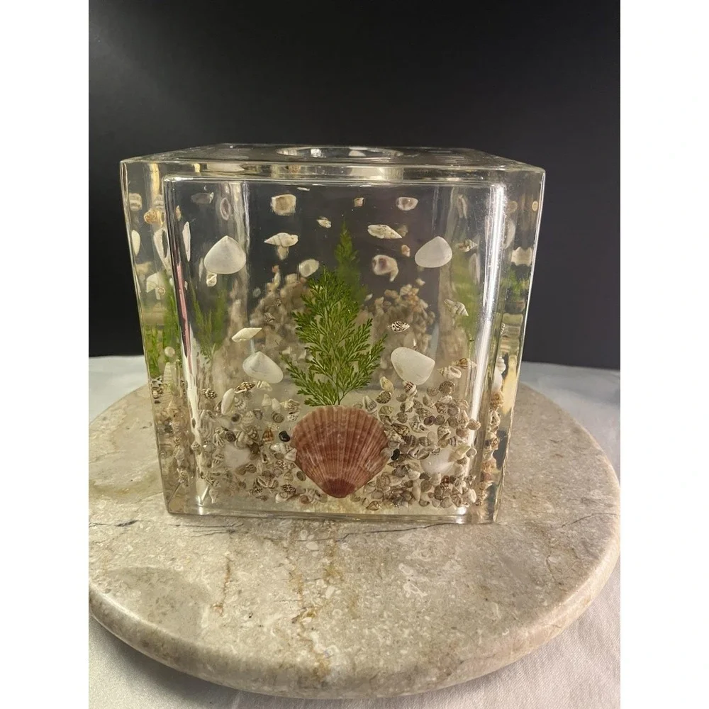 1970's Lucite Acrylic Tissue Box Cover Holder Embedded 6x6Sea Shells Beach Theme